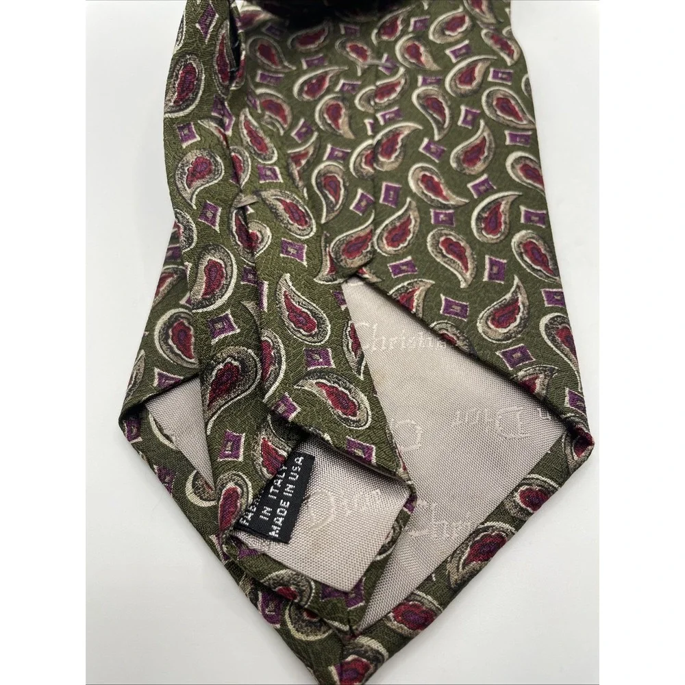 Authentic  CRISTIAN DIOR 100% Silk Olive Red Paisley Pattern Neck Tie  60